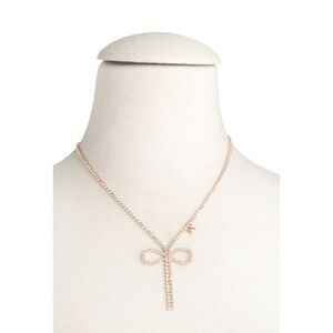 Betsey Johnson Gold Tone Iridescent Crystal Cup Chain Necklace Bow Pendant NWT